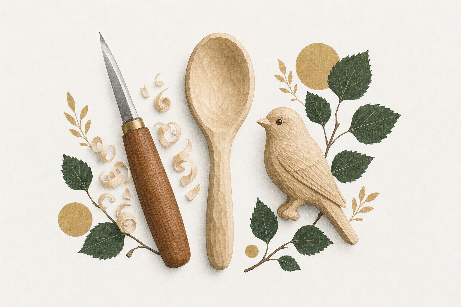 Illustration of a carving knife, wood shavings, a half-carved spoon and a basswood bird figure