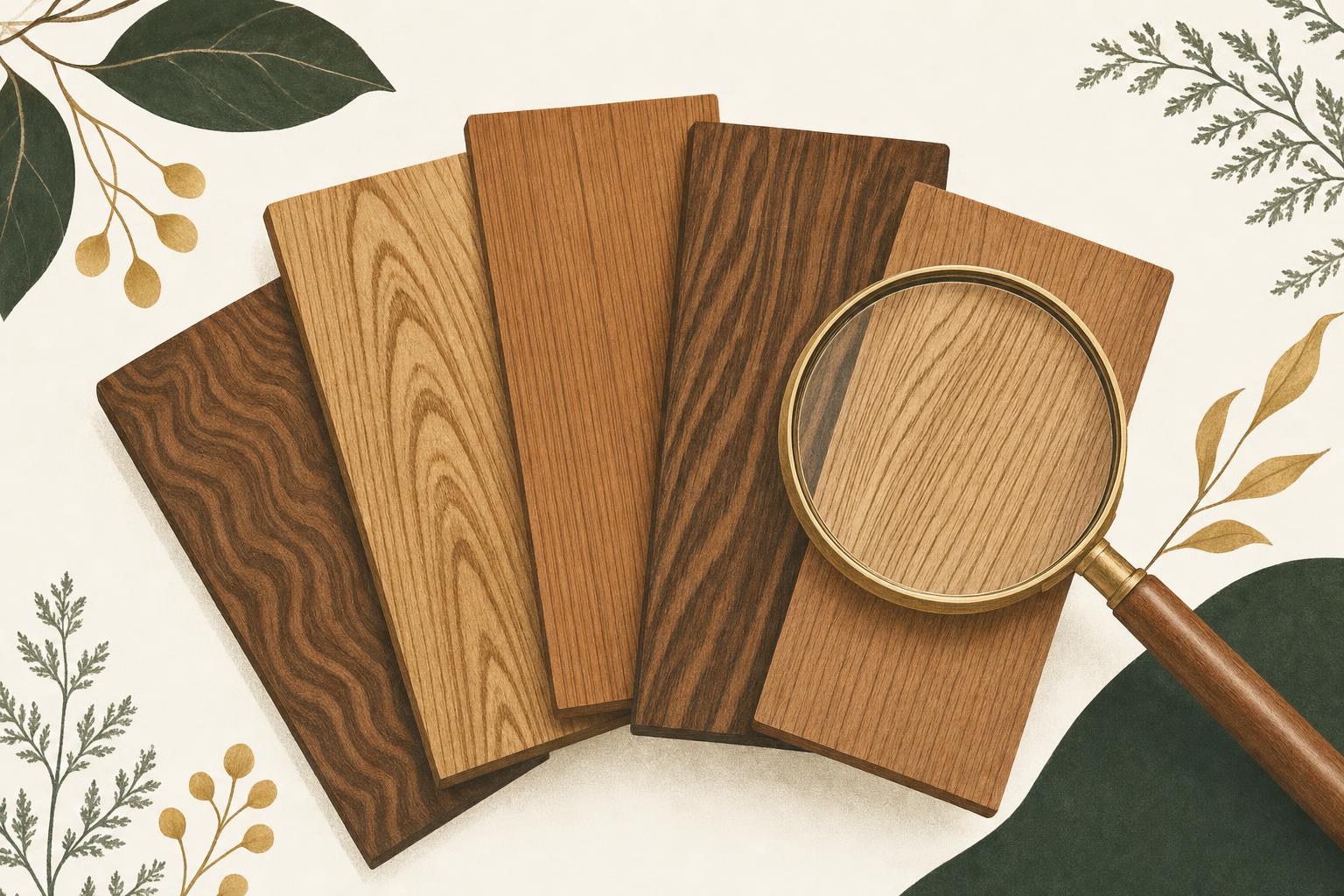 Illustration of wood boards with different grain patterns under a magnifying glass
