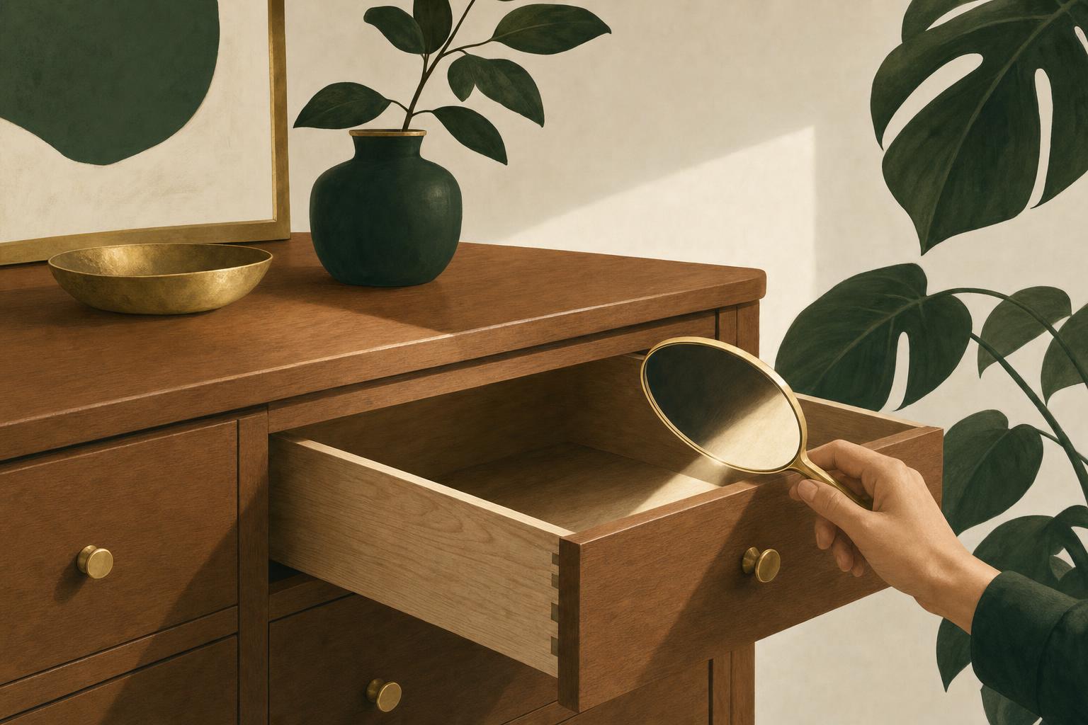 Illustration of a wooden dresser with an open drawer revealing raw unfinished grain