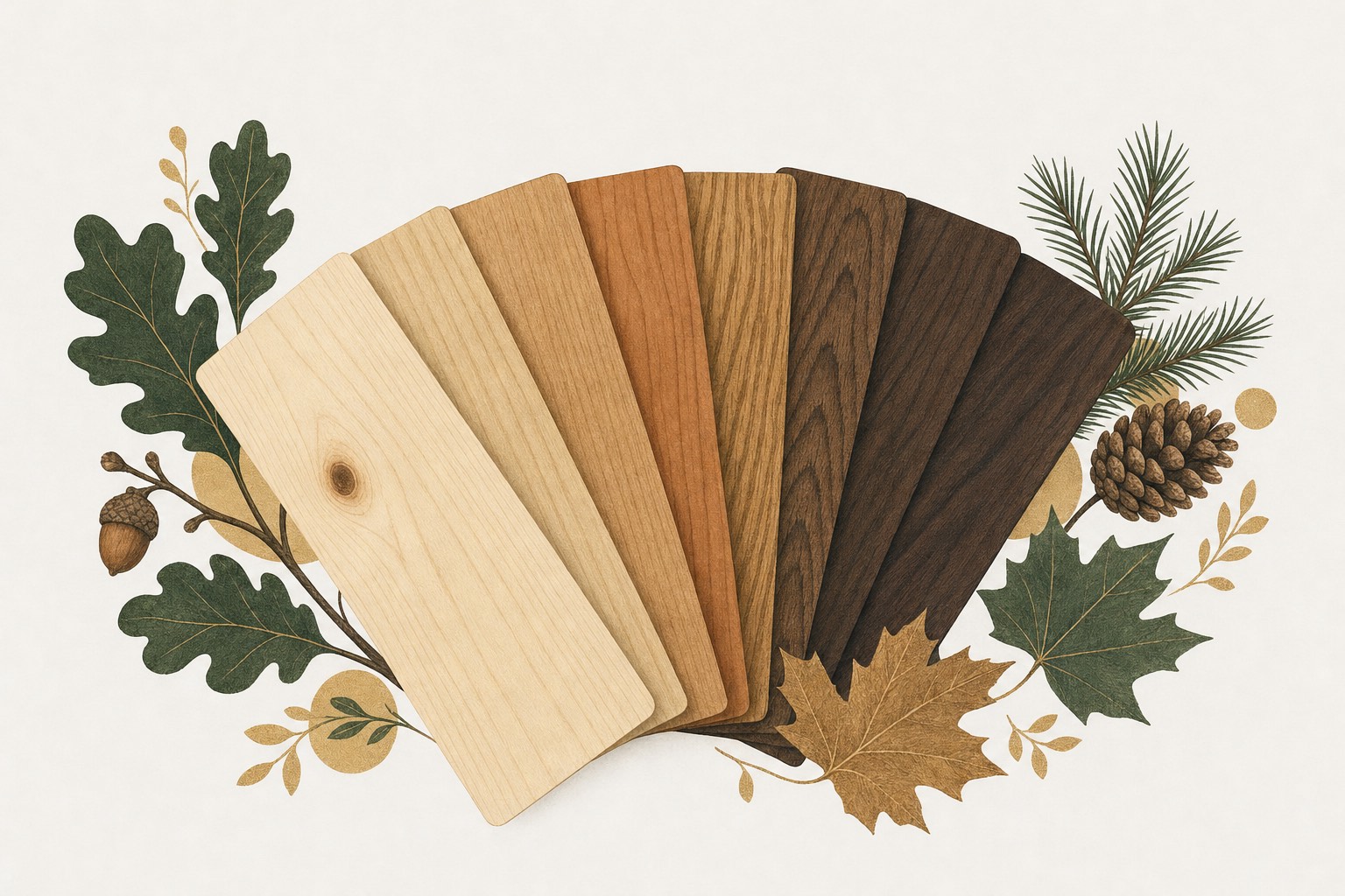 Illustration of a fan of different wood samples, from pale maple to dark walnut, with leaves and cones