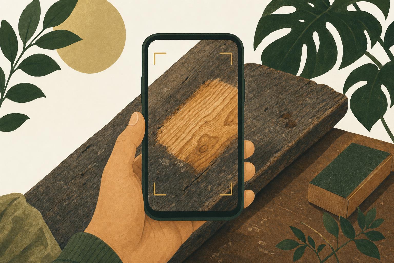 Illustration of a phone photographing a reclaimed board with a freshly sanded patch
