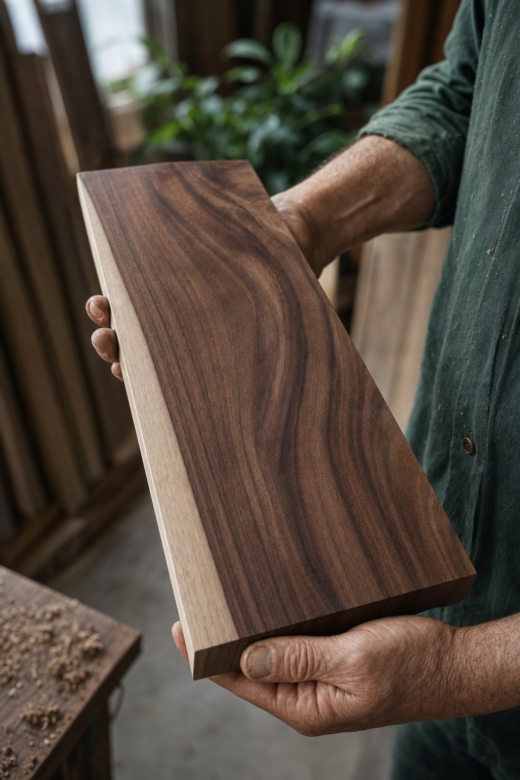A woodworker's hands holding a freshly planed black walnut board in a sunlit workshop